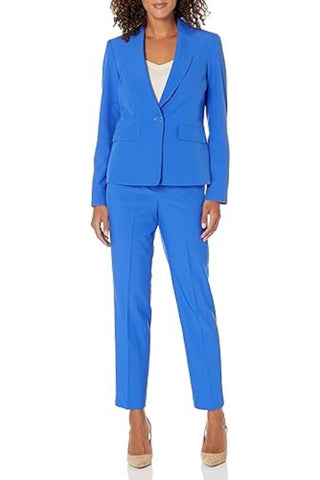 Le Suit Petite Stretch Crepe One Button Pantsuit-Cornflower-Front View
