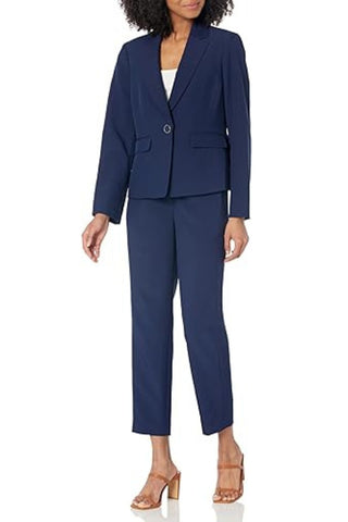 Le Suit Petite Stretch Crepe One Button Pantsuit-Indigo-Front View