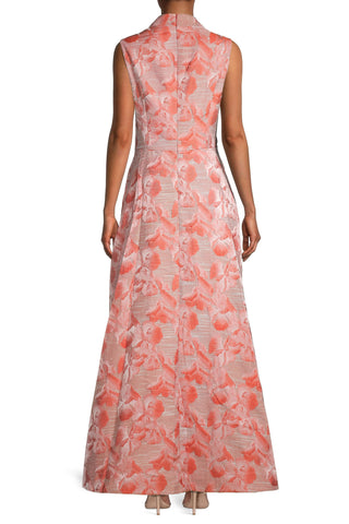 Kay Unger Swan Neckline Sleeveless Pleated A-line Zipper Closure Floral Stripe Jacquard Gown With Pockets - Persimmon Multi - Back View