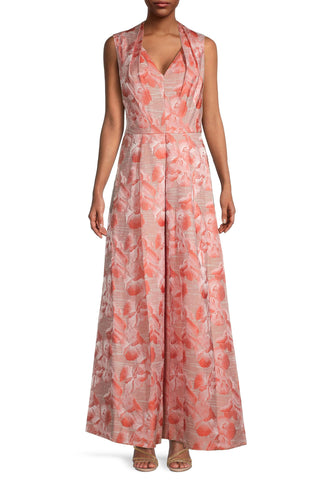 Kay Unger Swan Neckline Sleeveless Pleated A-line Zipper Closure Floral Stripe Jacquard Gown With Pockets - Persimmon Multi - Front View