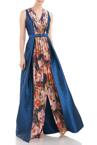 Kay Unger V-Neck Sleeveless A-Line Chiffon Floral Print Side Pockets Pleated Jacquard Dress - Ink Multi - Front View