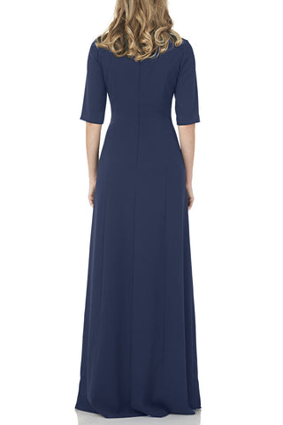 Kay Unger Jewel Neck Elbow Sleeve Fitted Bodice Cropped Pant Stretch Crepe Walk Thru Jumpsuit - Midnight - Back View