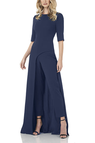 Kay Unger Jewel Neck Elbow Sleeve Fitted Bodice Cropped Pant Stretch Crepe Walk Thru Jumpsuit - Midnight - Front View