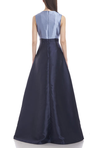 Kay Unger Jewel Neck Sleeveless Zipper Back Seamed Bodice Stretch Crepe Ankle Pants Walk Thru Twill Jumpsuit - Pacific Blue - Back View