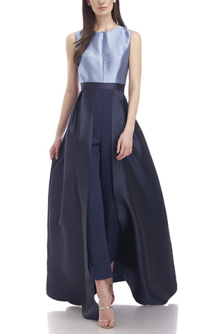Kay Unger Jewel Neck Sleeveless Zipper Back Seamed Bodice Stretch Crepe Ankle Pants Walk Thru Twill Jumpsuit - Pacific Blue - Front View