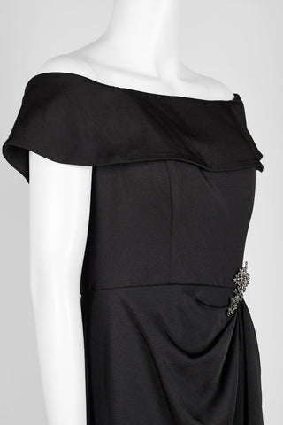 Cachet Off-Shoulder Ruffled Brooch Draped Side Zipper Back Solid Satin Silk Dress