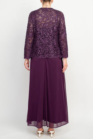 Marina Square Neck Sleeveless Sequin Lace Top Zipper Back with Jacket 2 Piece Set-Eggplant-Back_View