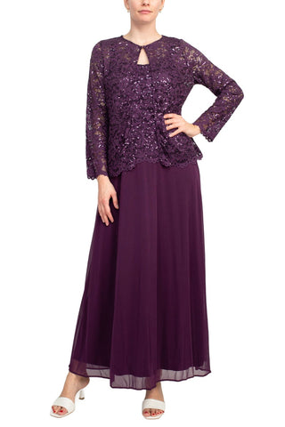 Marina Square Neck Sleeveless Sequin Lace Top Zipper Back with Jacket 2 Piece Set-Eggplant-Front_View