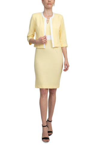 Studio One Scoop Neck Sleeveless Keyhole Banded Waist Bodycon Dress with Matching Jacket - Yellow White - Front full view