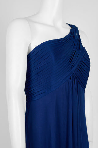 Alex Evenings One Shoulder Pleated Ruched Zipper Back Jersey Mesh Gown