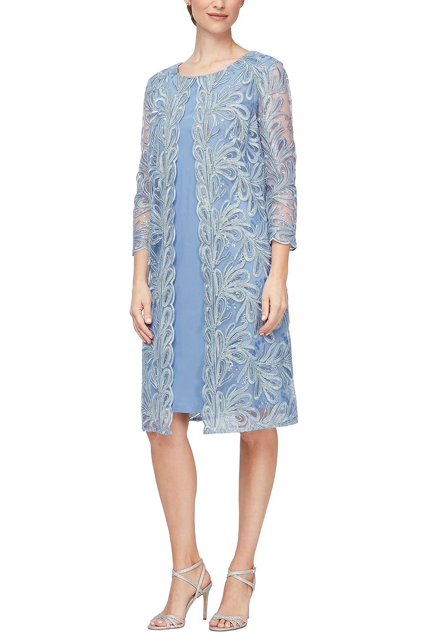 Alex Evenings boat neck 3 4 sleeve matte jersey dress with stretch mesh floral embroidered jacket