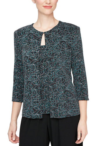 Alex Evenings Petite Size 3/4 Sleeve Printed Scoop Neck Twinset_BLACK TEAL_front