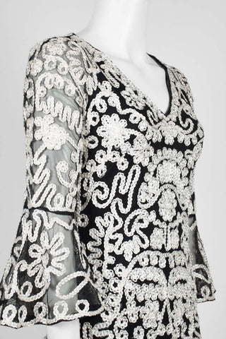 JS Collections V-Neck Circular Flounce Sleeve Bodycon Embroidered Zipper Back Mesh Dress