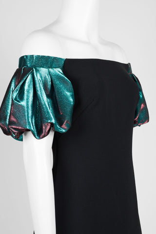 Final Sale: Theia Off Shoulder Short Sleeve Zipper Slit Back Crepe & Iridescent Metallic Rayon Dress