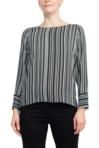 Counterparts Boat Neck Cuffed Long Sleeve Stripe Print Crepe Top