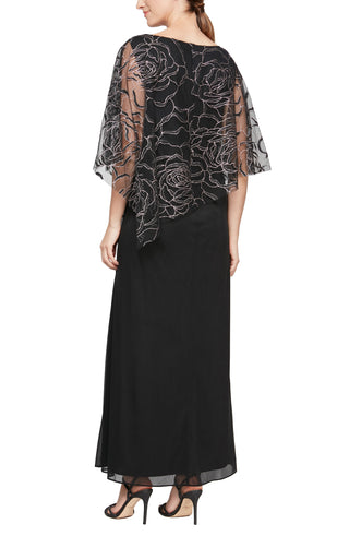 SL Fashions 3/4 Sleeve Asymmetrical Glitter Mesh Capelet V-Neck Jersey Gown_BLACK ROSE GOLD_back