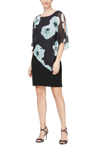 SL Fashion Floral Print Asymmetrical Chiffon Slit Shoulder Capelet Jersey Dress