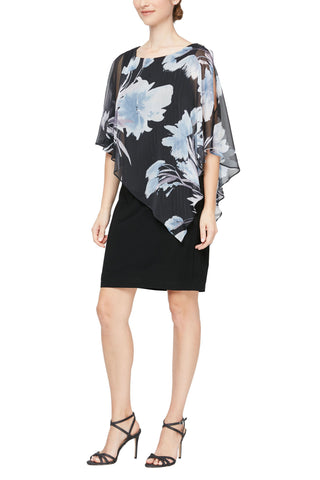 SL Fashion Boat Neck Embellished Shoulder Asymmetrical Multi Print Chiffon Overlay Jersey Dress Black Multi / 6 SL Fashion Boat Neck Embellished Shoulder Asymmetrical Multi Print Chiffon Overlay Jersey Dress Black Multi / 6