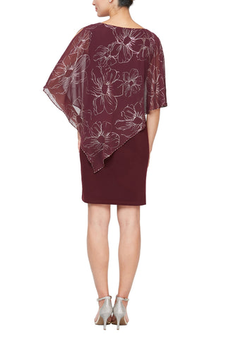 SL Fashions Asymmetric Chiffon Floral Print Overlay 3/4 Split Sleeve Sheath Dress_FIG GOLD_back