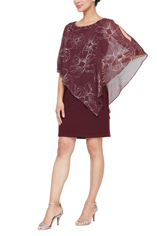 SL Fashions Asymmetric Chiffon Floral Print Overlay 3/4 Split Sleeve Sheath Dress_FIG GOLD_front