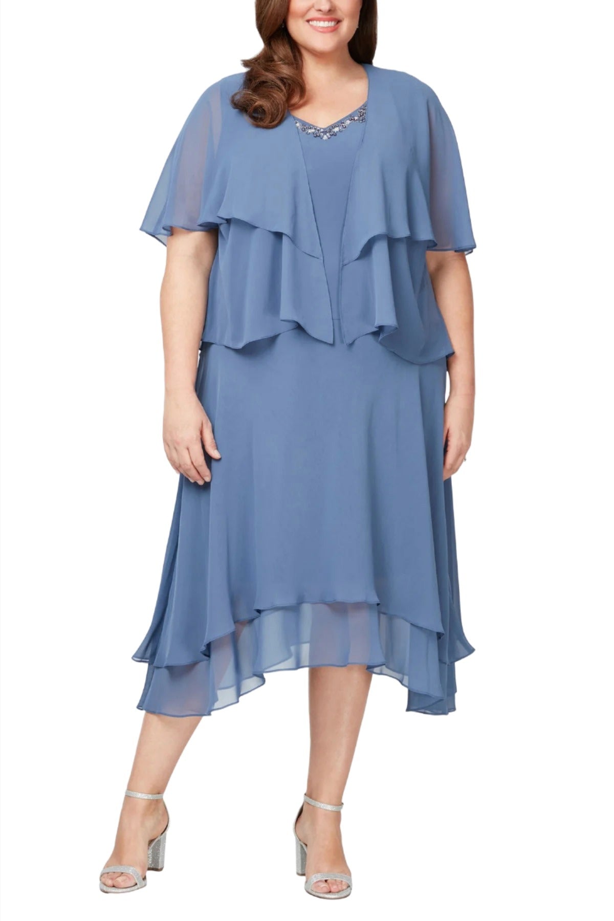 SL Fashion Embellished V-Neck Sleeveless Tiered Sharkbite Hem Solid Chiffon Dress with Overlay Jacket SL Fashion Embellished V-Neck Sleeveless Tiered Sharkbite Hem Solid Chiffon Dress with Overlay Jacket
