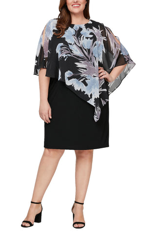 Final Sale Item: SL Fashion Crew Neck Asymmetrical Slit Cape Sleeve Multi Print Chiffon Dress