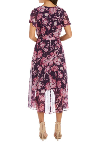 R&M Richards V-Neck Short Sleeve Tie Waist Fit & Flared Floral Print Chiffon Dress