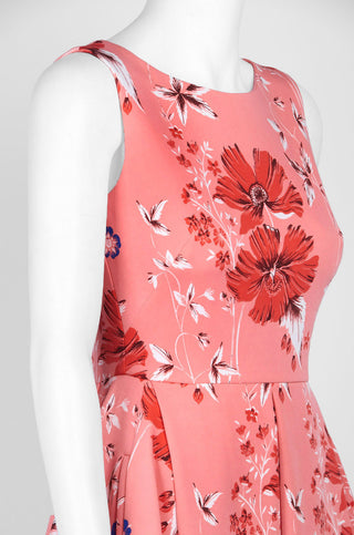 Taylor Boat Neck Sleeveless Box Pleat Zipper Back Floral Print Scuba Dress