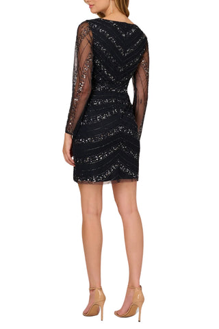 Adrianna Papell Long Sleeve Sequin Mini Dress - Midnight_Back View