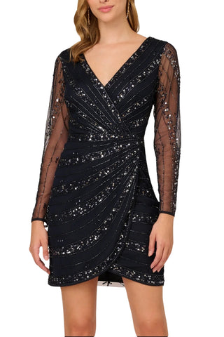 Adrianna Papell Long Sleeve Sequin Mini Dress - Midnight_Front View