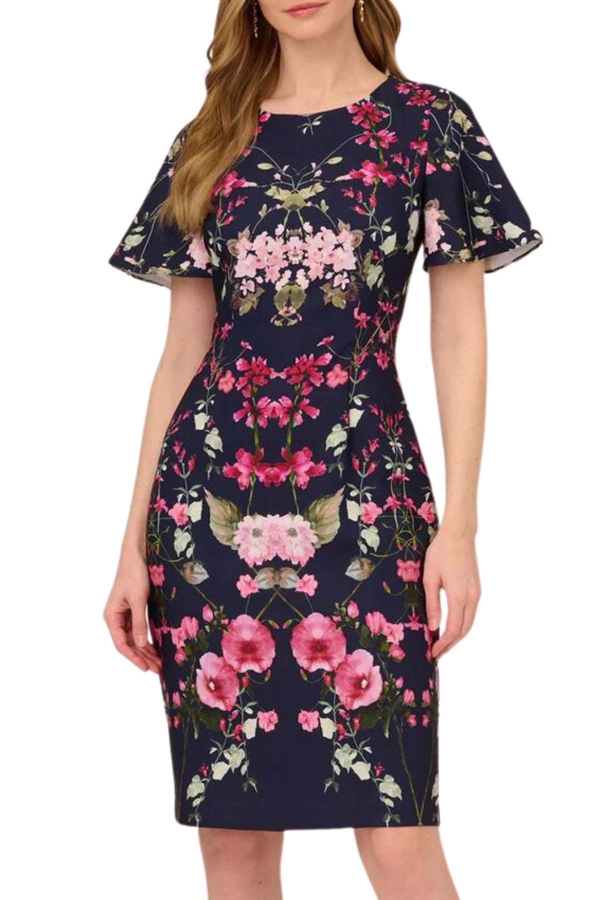 Adrianna Papell floral print crepe midi length sheath dress