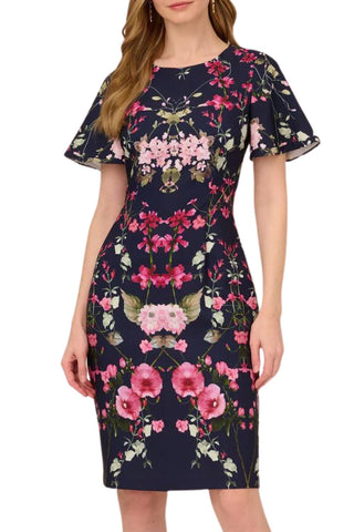 AP1D104781 NAVY MULTI front Adrianna Papell floral print crepe midi-length sheath dress