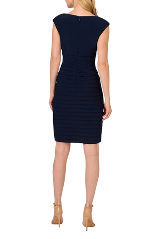 Adrianna Papell V-Neck Stretch Jersey Cap Sleeve Banded Sheath Dress - Midnight_Back View