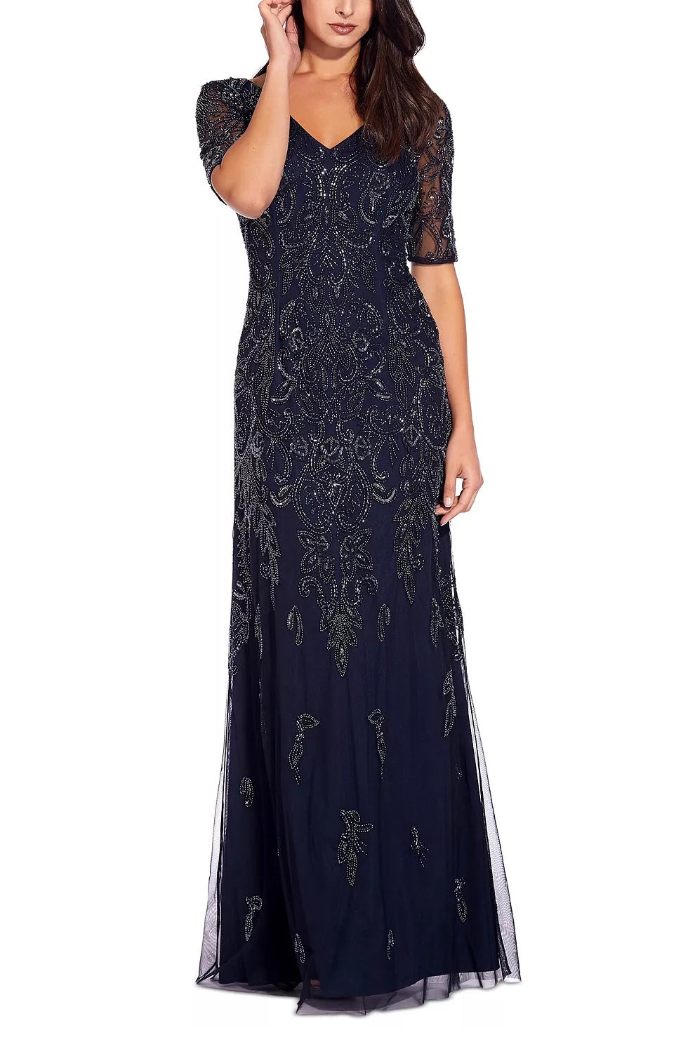 Adrianna Papell V-neck short illusion sleeve sequined & beaded zipper Curated Brands Adrianna Papell V-neck short illusion sleeve sequined & beaded zipper Curated Brands