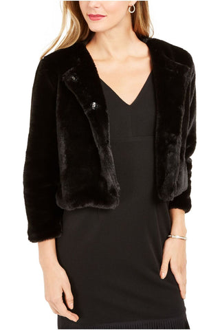 Adrianna Papell Crew Neck 3/4 Sleeve Solid Faux Fur Jacket