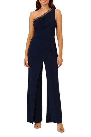 Adrianna Papell Beaded one-shoulder matte jersey jumpsuit midnight blue