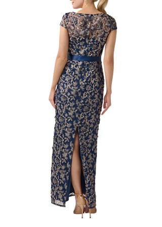 Adrianna Papell boat neck cap sleeve zipper closure tie waist floral embroidered mesh gown - NAVY ROSE GOLD - Back