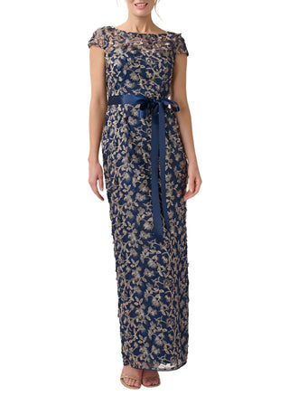 Adrianna Papell boat neck cap sleeve zipper closure tie waist floral embroidered mesh gown - NAVY ROSE GOLD - Front