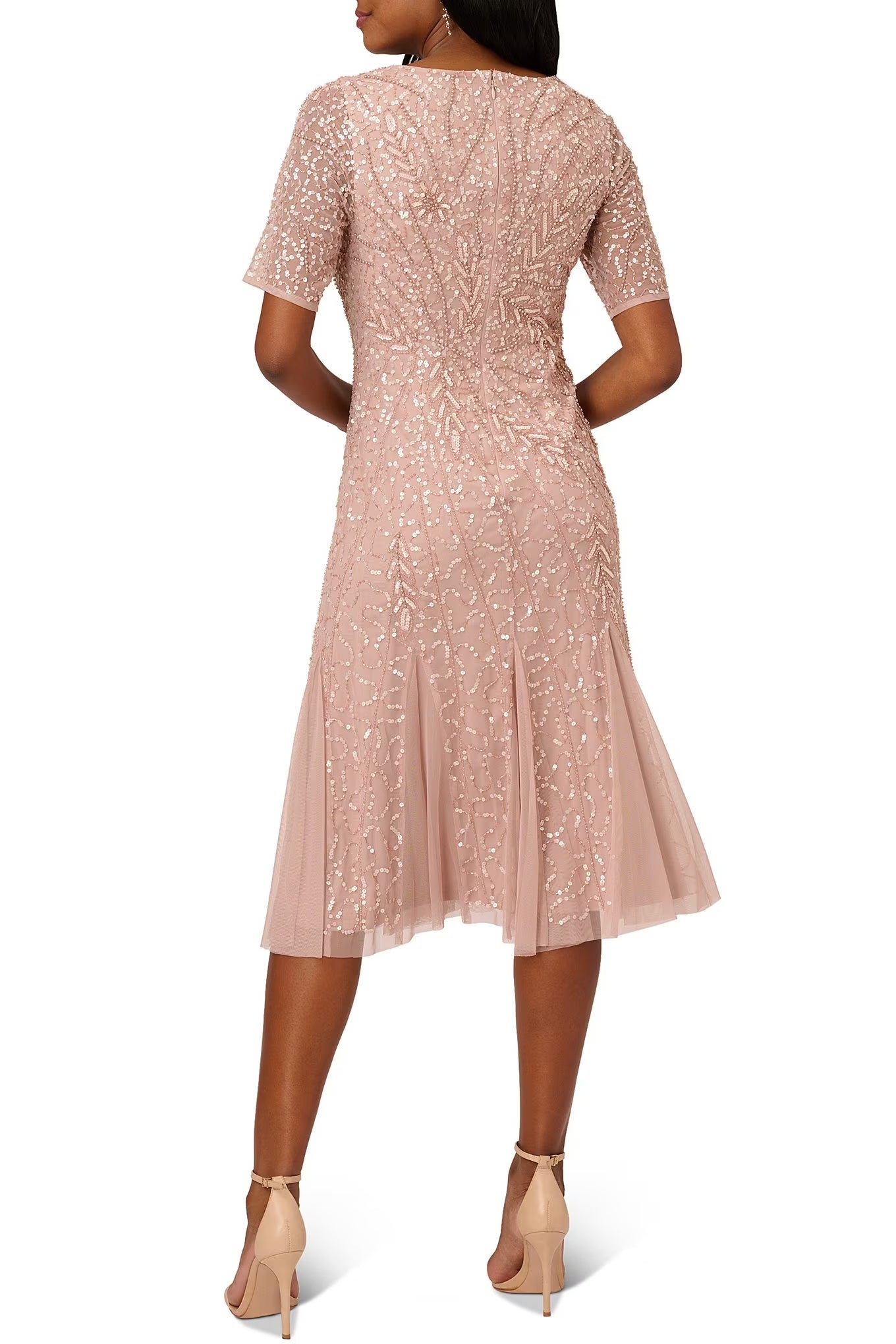 Adrianna Papell V-Neck Short Sleeve Sequin Beaded Zipper Back Godet Me – Curated Brands
