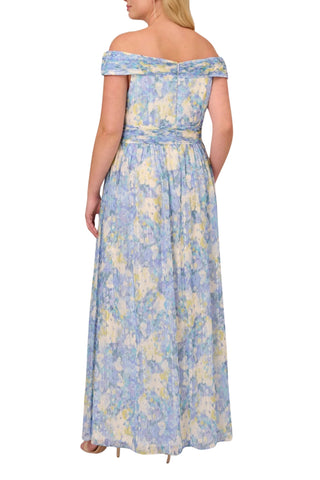 Adrianna Papell Chiffon Floral Print Off-the-Shoulder Neckline Ballgown Dress - Blue Multi_Back View2