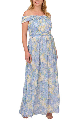 Adrianna Papell Chiffon Floral Print Off-the-Shoulder Neckline Ballgown Dress - Blue Multi_Front View