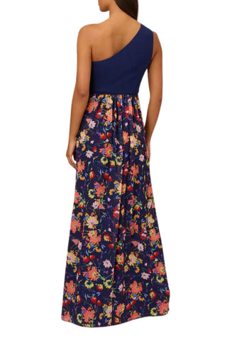 AP1E210586 NAVY MULTI back look Adrianna Papell one shoulder crepe chiffon front slit skirt dress