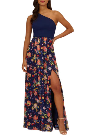 AP1E210586 NAVY MULTI front look Adrianna Papell one shoulder crepe chiffon front slit skirt dress