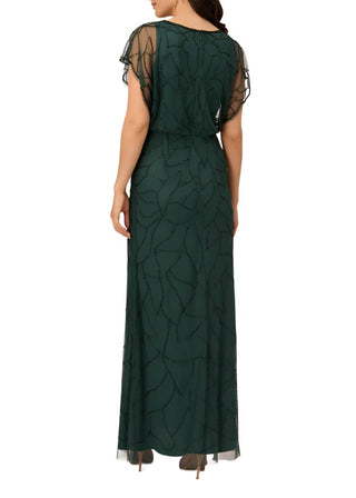 Adrianna Papell V-neck Dolman Sleeve Blouson Zipper Closure Beaded Mesh Gown - DUSTY EMERALD - Back View