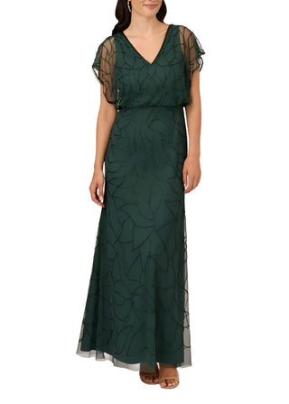 Adrianna Papell V-neck Dolman Sleeve Blouson Zipper Closure Beaded Mesh Gown - DUSTY EMERALD - Front View