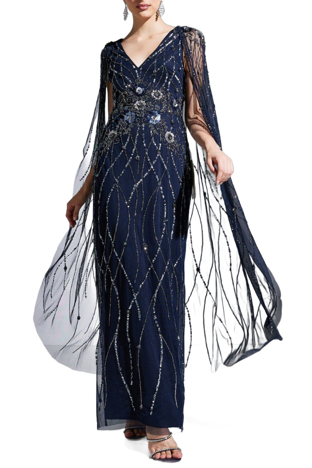 Adrianna Papell V-Neck Cape Sleeve Embellished Zipper Back Mesh Gown Curated Brands Adrianna Papell V-Neck Cape Sleeve Embellished Zipper Back Mesh Gown Curated Brands