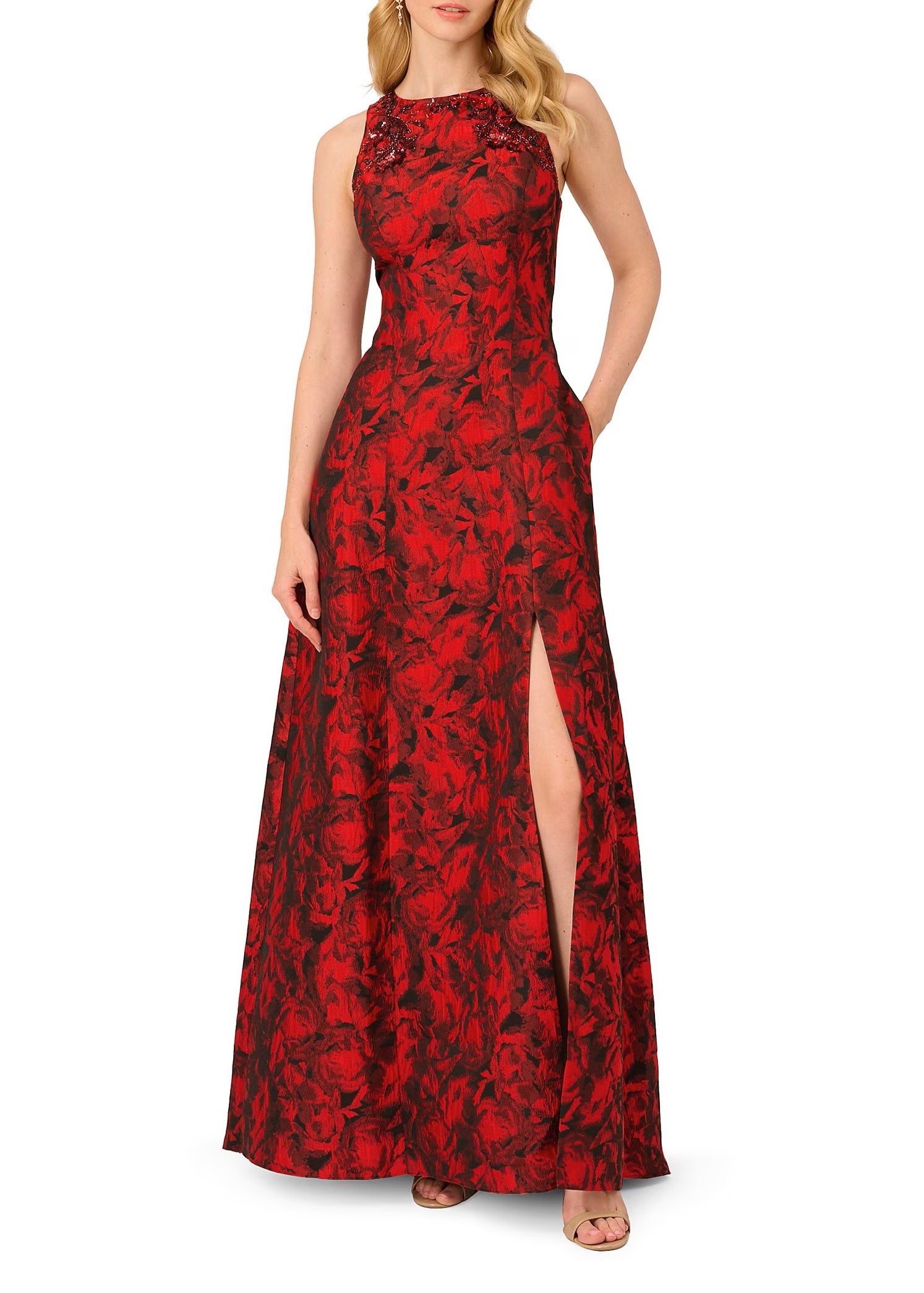 Adrianna Papell embellished jewel neck sleeveless zipper closure printed jacquard ball gown