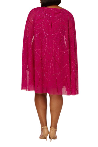Adrianna Papell Sequin Cape With Illusion Neckline Shift Dress - Hot Orchid - Back