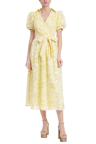 Badgley Mischka Collared V-Neck Puff Sleeve Tie Waist Floral Faux Wrap Lace Dress_YELLOW WHITE_front