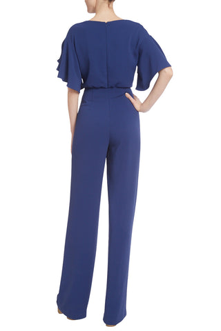 Badgley Mischka Cowl Neck Drapey Sleeve Belted Zipper Closure Solid Stretch Crepe Jumpsuit - Navy - Front View